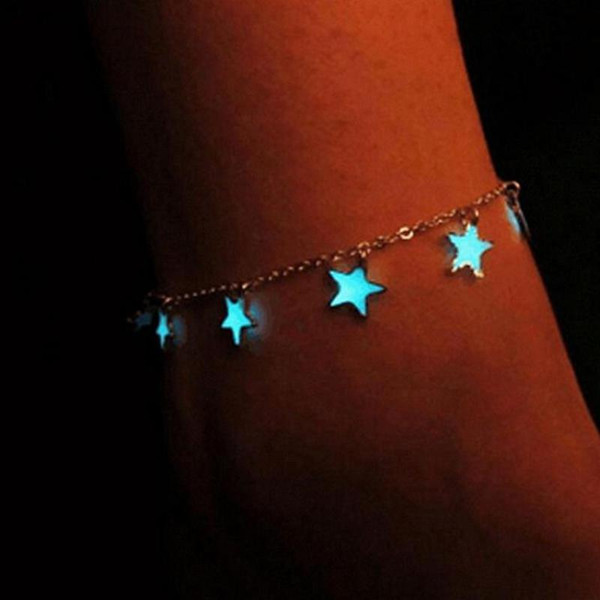 New Year Luminous Ladies Beach Winds Blue Pentagon Star Tassel Anklet Silver Chain Anklets For Women Barefoot Sandals free shipping