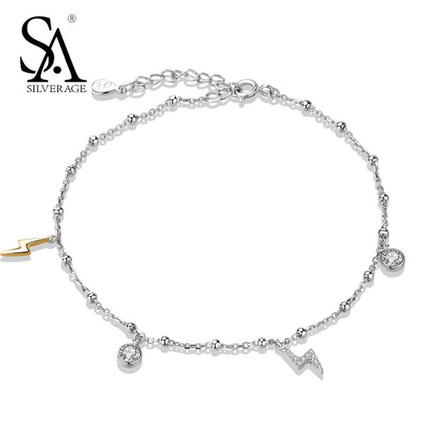 SA SILVERAGE Real Sterling Silver 925 Jewelry City Sky Lightning Anklets 2018 Trendy Chains Anklets for Women