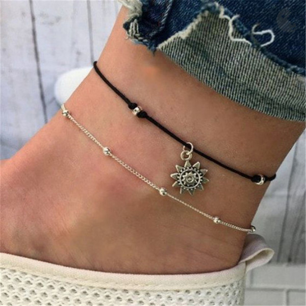 Vintage Boho Multi Layer Beads Anklets For Women Fashion Sun Pendent Anklet Cotton Handmade Chain Foot Party Jewelry Gift