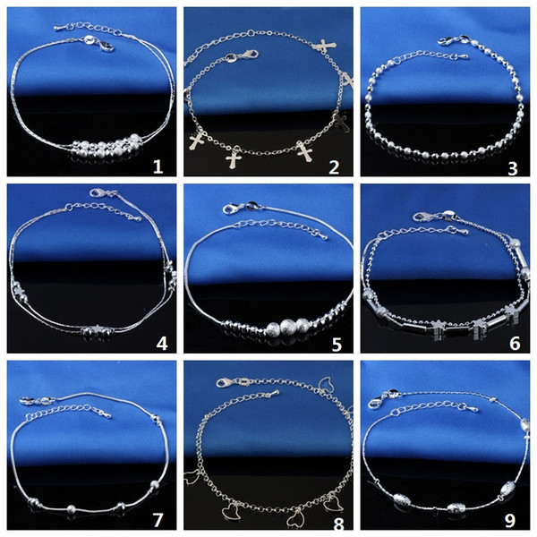 925 Sterling Silver Anklets For Womens Simple Beads Silver Chain Anklet Ankle Foot Jewelry Free shipping