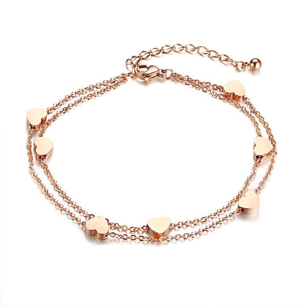 Heart Charm Layered Anklet For Women Double Layer Rose Gold Color Stainless Steel Female Holiday Beach Jewelry