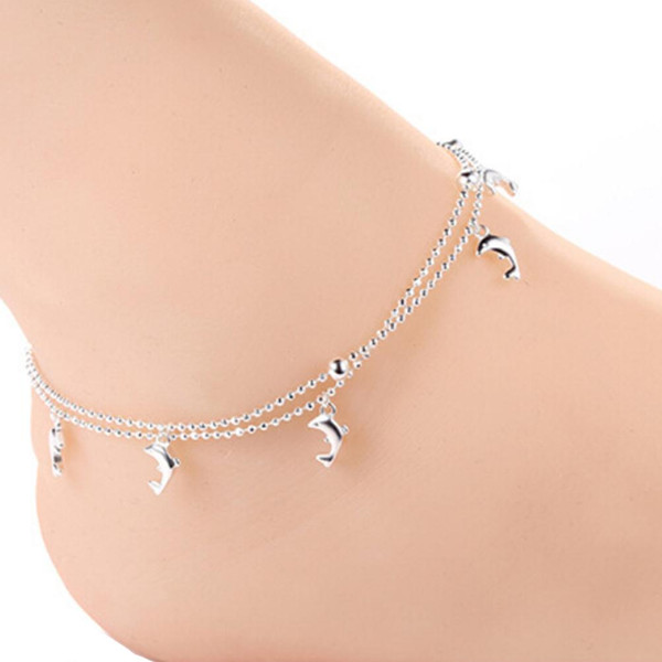 Women 925 Sterling Silver Exquisite Double Beads Chain Dolphins Pendants Anklets Brand Trendy Fashion Jewelry Valentine's Day Gift