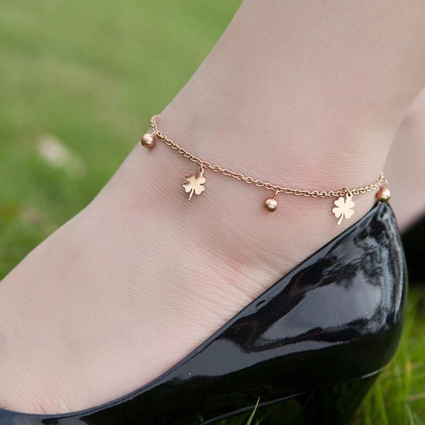 Vintage Happy Four-Leaf Clover Ankle Chain Plated With 18K Rose Gold Titanium Steel Female Color Gold Korean Version Jewelry valentine's Day