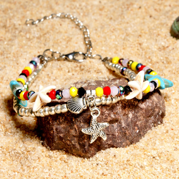 Free DHL Crystal Bracelets Double Starfish Beach Turtle Anklets Pendant Anklets For Lady Woman Girl Summer Beach Bracelets Feet Anklet M127Y