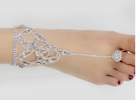 Beach Wedding Ankle Chain Toe Hasse Full Rhinestone Crystal Silver Tone Anklet Chain Bridal Barefoot Sandals