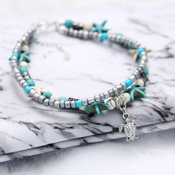 Metal Alloy Turquoise Anklets Double Conch Starfish Beach Palm Turtle Foot Chain Ethnic Style Ornaments Portabble 2 2zx BB