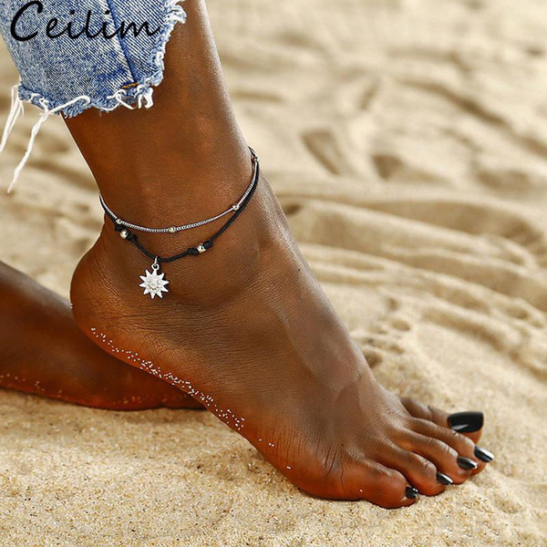 Bohemia Sun Pendant Beads Anklet Bracelet for Women Double Layer Rope Anklet in the Summer Barefoot Anklet Beach Jewelry Gifts