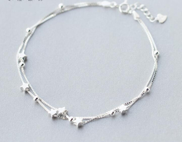 women's Wholesale Authentic 925 Sterling Silver Double Layers Star &Beads Anklet Bracelet Fine jewelry S275