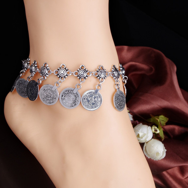 Bohemian Metal Tassel Coin Anklets Women Vintage Antique Silver Coin Anklet For Women Beach Sexy Female Jewelry