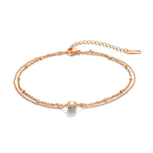 Elegant Layered Double Chain Anklet Beach Party Wedding Jewelry Rose Gold Color Stainless Steel Ankle Bracelet Leg Chain Zircon