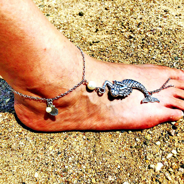 Boho Beach Mermaid Shell Sandals Anklet Chain Silver Animal Foot Bracelets Fashion Jewelry for Women Barefoot