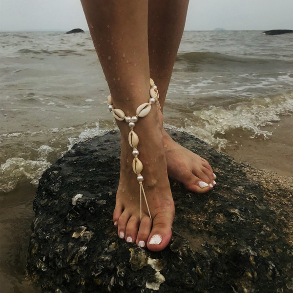 Handmade Knitted Natural Shell pearl Anklet Summer Women Ankle Foot Jewelry Bohemian Barefoot Sandals Anklets Wholesale free ship