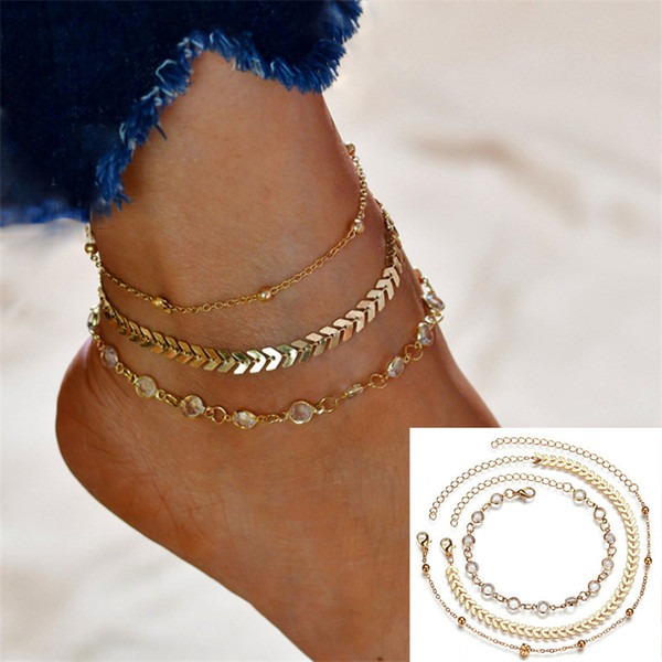 3PCS/Set Personality Bohemian Ankle Bracelet Acrylic Bracelet Multi-layer Aircraft Bead Chain Anklet Bracelets Simple Crystal Gold Beach Ank