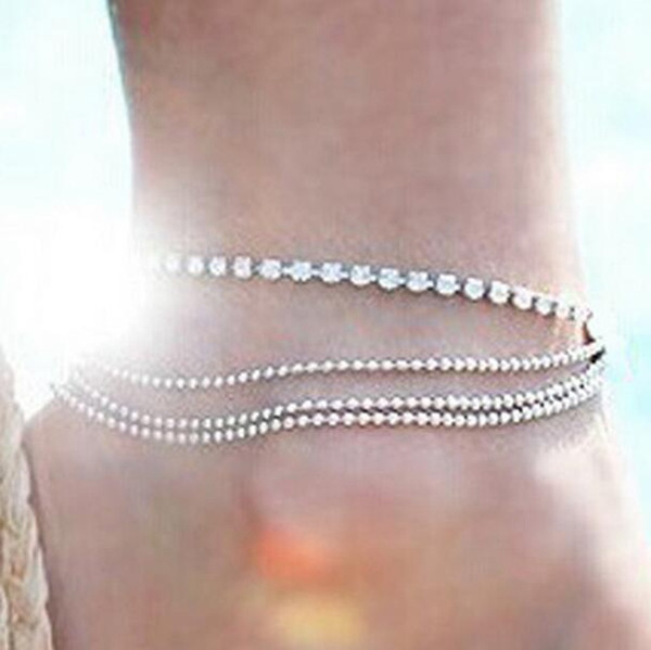 Fashion Multi-Layers Crystal Beading Silver Stretch Anklet Foot Chain Rhinestone Ankle Bracelet Barefoot Sandals Foot Jewelry