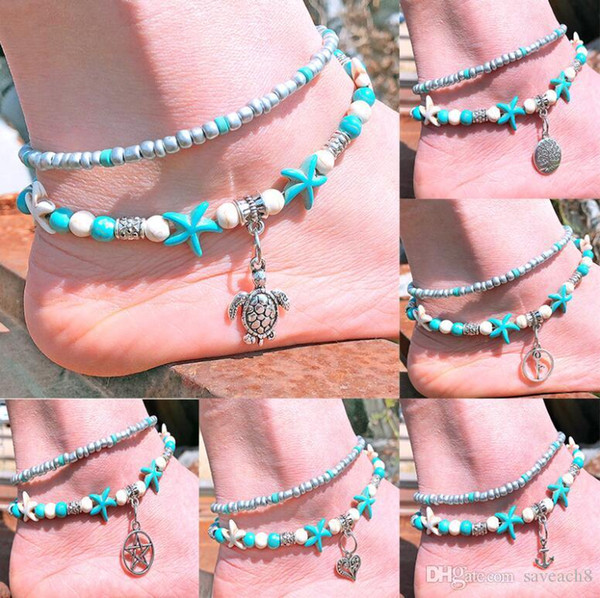 Silver Bohemia Bead Shell Starfish Turtle Anklets For Women Foot Jewelry Sandals Shoes Barefoot Beach Ankle Bracelet