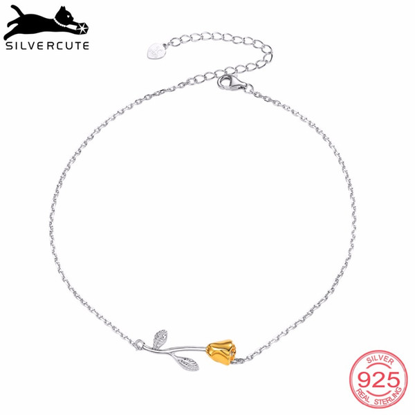 SILVERCUTE Genuine 925 Sterling Silver Anklets For Women Minimalist Summer Fine Jewelry Flower Rose Ankle Bracelet SCA6360BK C18110801