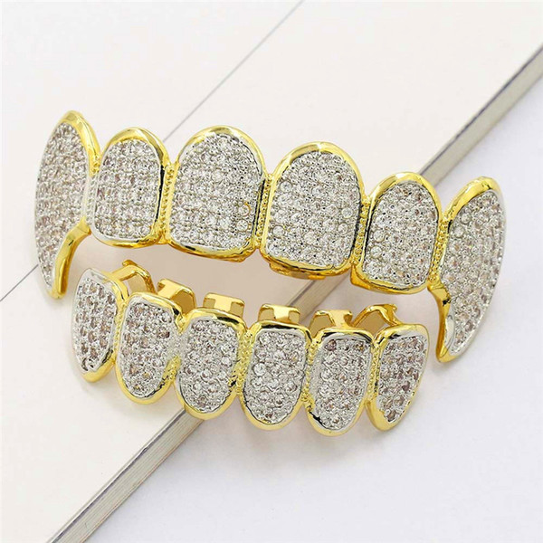 Ice Out Teeth Grillz For Men Bling Bling Cubic Zirconia Hiphop Jewelry 18K Gold Plated Halloween Vampire Grillz