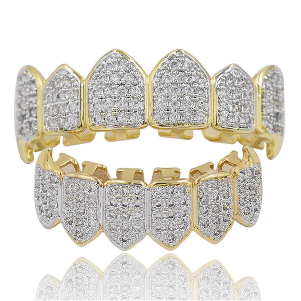 Hip Hop Iced Out CZ Mouth Teeth Grillz Caps Top Bottom Grill Set Men Women Vampire Grills