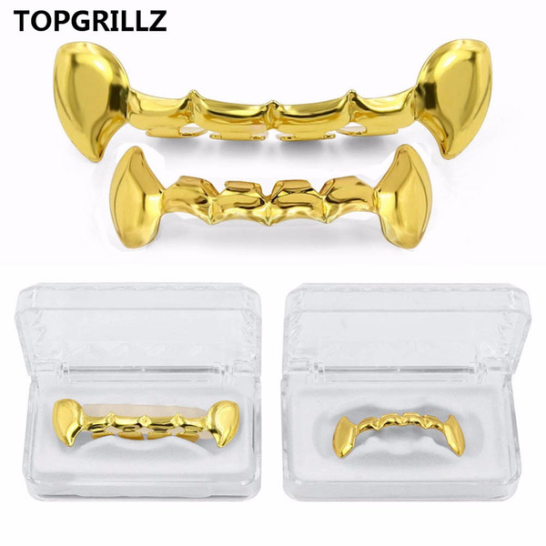 TOPGRILLZ Fang Grillz Set Gold Color Plated Half Teeth Dracula Vampire Fangs Slim Grills Gold Top & Bottom Grillz Teeth Set