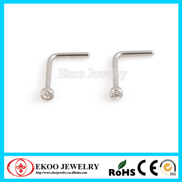 316L Surgical Steel L Shaped Nose Stud Screw with Crystal Indian Nose Stud Lots of 100pcs