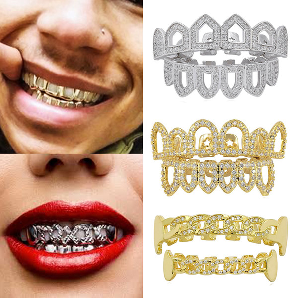 18K Real Gold Punk Hiphop Diamond Hollowed Teeth Grillz Dental Mouth Iced Out Fang Grills Braces Tooth Cap Vampire Rapper Jewelry Wholesale