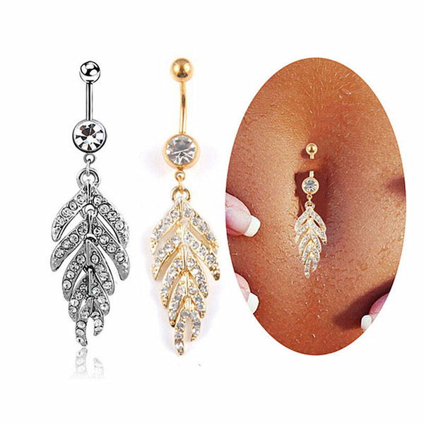 Women Sexy Leaf Feather dangle belly button rings stainless steel navel piercings fashion body jewelry Gold/Silver