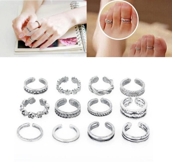 Women Lady Unique Adjustable Opening Finger Ring Fashion Simple Sliver Plated Retro Carved Flower Toe Ring Foot Beach Jewelry 12 Styles