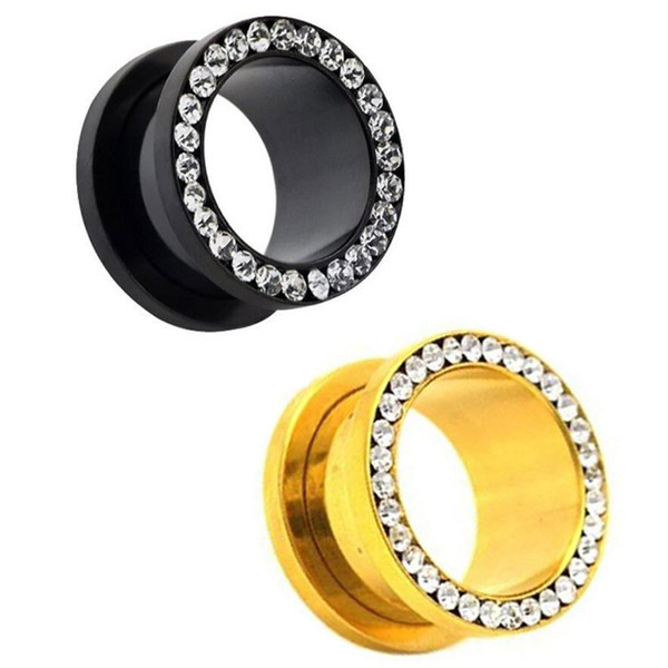 Wholesale Gem Ear Gauge Plugs Stainless Steel Gold Black Plated CZ Rhinestones Rim Screw Fit Flesh Tunnels 80pcs SRP004