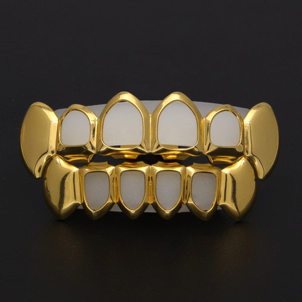 New Hip Hop Custom Fit Grill Four Hollow Open Face Gold Mouth GRILLZ Caps Top & Bottom With silicone Vampire teeth Set