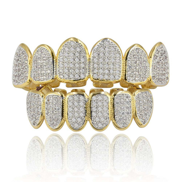 18k Real Gold Plated All Iced Out Luxury Cubic Zirconia Gold Grillz Set with Extra Molding Bars Included