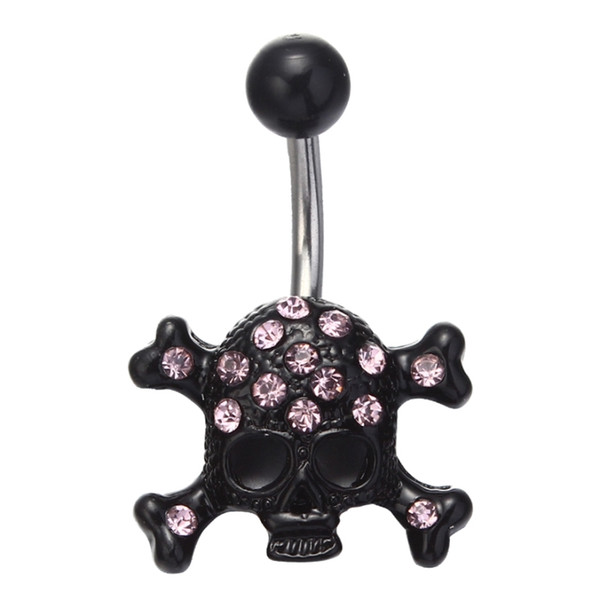 316L Surgical Steel Black Skull Dangle Body Piercing With Pink CZ Navel Belly Ring Piercing 1PC 14g Best Gift for Women