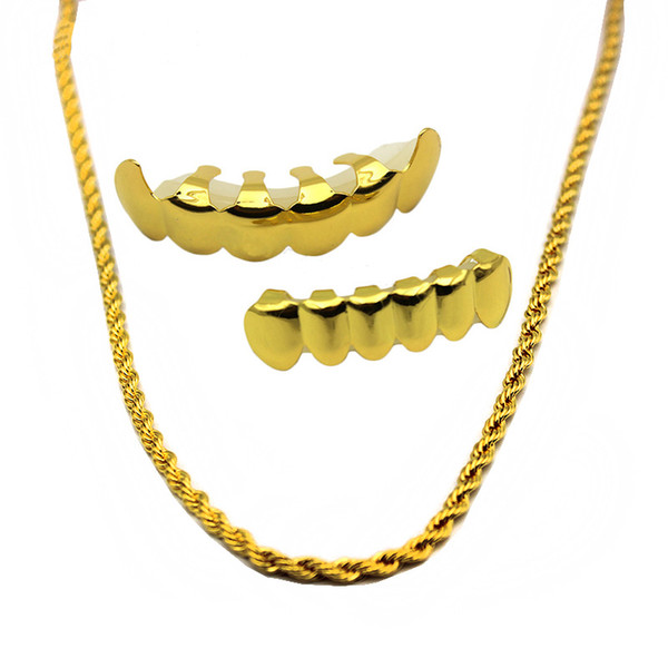 New Gold Plated Hip Hop Teeth Grillz Caps Top & Bottom Vampire Grill Set with 6mm Golden Rapper's Chain Necklace