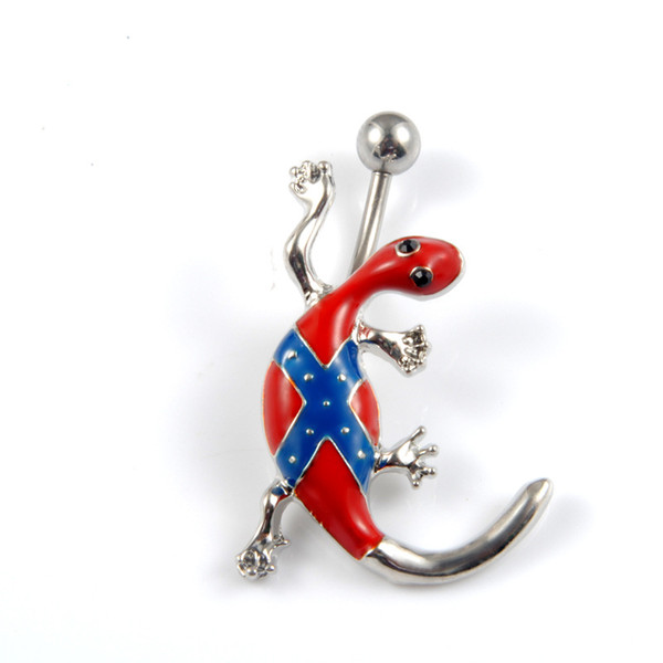 Allergy free 316L Surgical Stainless Steel Rebel Flag Gecko Belly Ring Confederate Flag Blue Red Navel Dance Ring Chain for Ladies