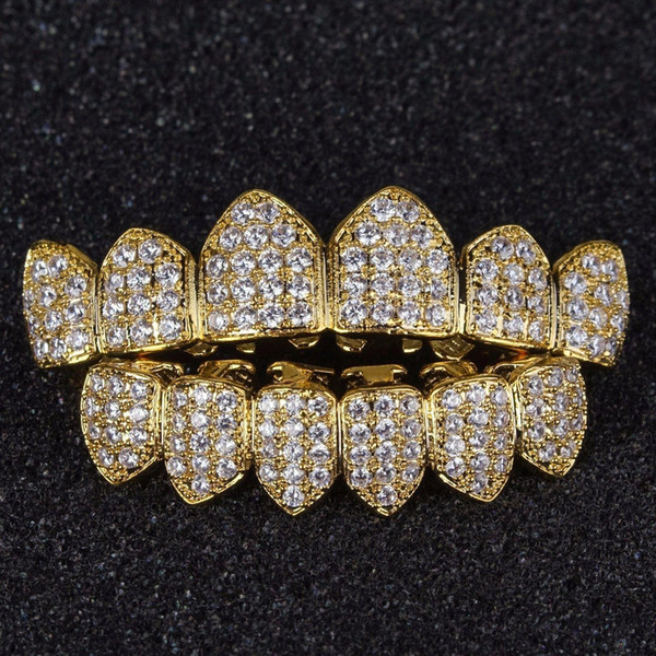 Hip Hop Grills Pure Gold Color Plated High Quality Tooth Grill Micro Pave CZ Top & Bottom GRILL Mouth Teeth Grills Sets #HOP21