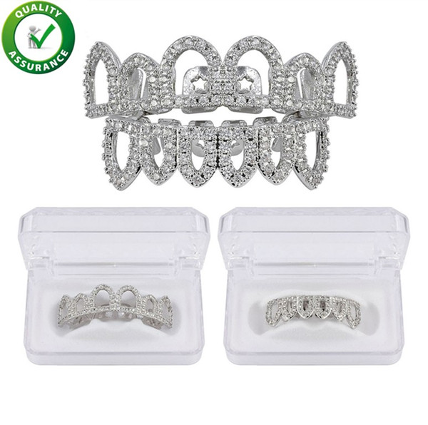 Hip Hop Teeth Grillz Luxury Designer Jewelry 18K Gold Plated Shiny CZ Mouth Grillz Iced Out Zircon Hollow Dental Grills Top & Bottom Set