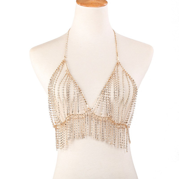 Luxury Metal Chain Rhinestones Shiny Women Gold Hollow Out Tassel Party Nightclub Rhinestone-Studded Cropped Bra Body Chains