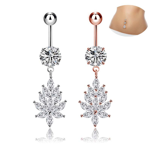 Stainless Steel Belly Dangle Ring Leaf Bell Button Navel Rings Simple Design Rhinestone Body Piercing Fashion Jewelry Wholesale 0870WH