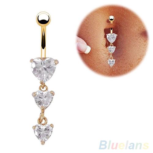 Body Piercing Gold Navel Rings 3 Heart Crystal Clear Dangle Belly Button Rings 1T5N