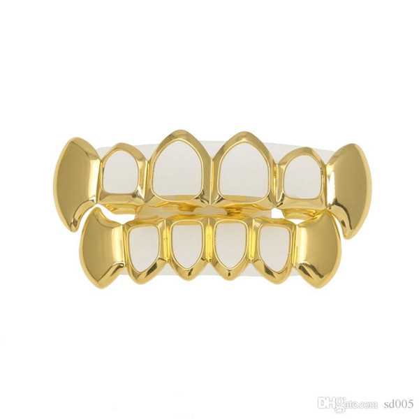 New Hip Hop Custom Fit Grill Four Hollow Open Face Gold Teeth Grillz Caps Top Bottom With Silicone Vampire 12gm aa