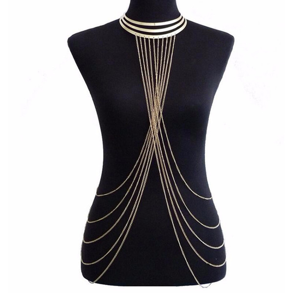 Sexy Lady's Layered Crossover Body Chain Gold Color Multilayer Tassel Necklace Bikini Waist Belly Chain Boho  Jewelry