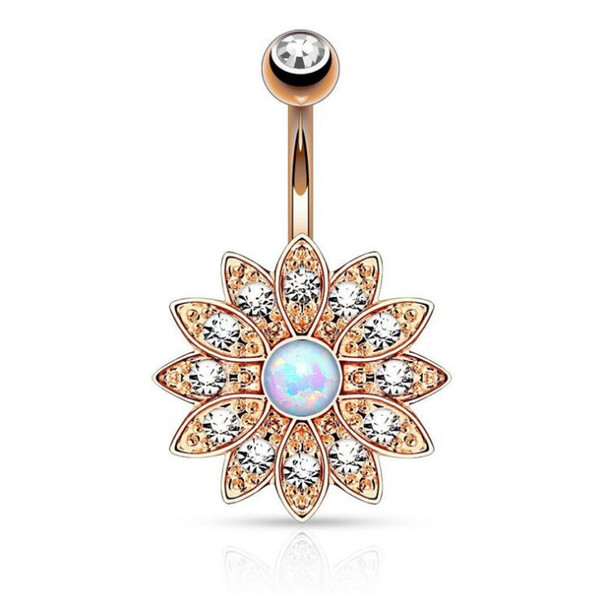 Elegant Natural Opal Navel Piercing Body Jewelry Crystal Flower Belly Button Rings Barbell Piercing Belly Ring Pircing