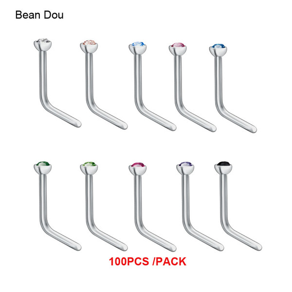 100pcs Wholesale Nose Studs Nose Rings Piercing Jewelry 0.75mm Czech Stone Surgical Stainless Steel Mixed 10 Colors L Shape