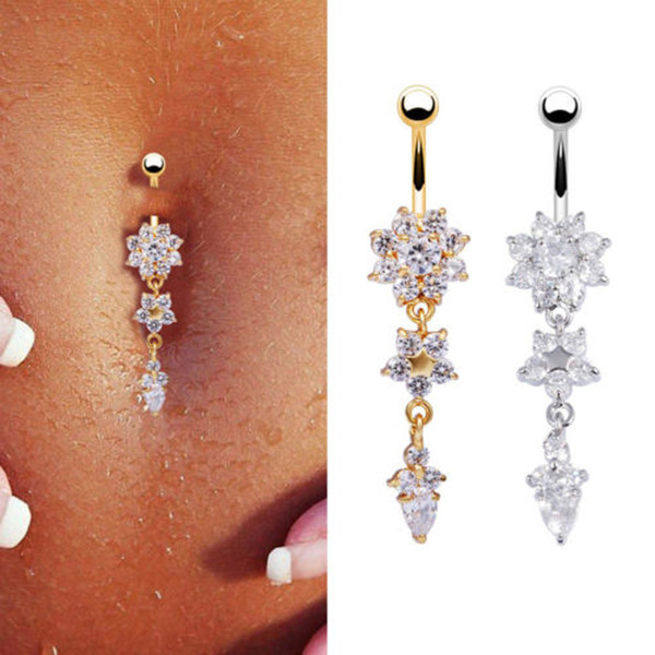 Belly Button Rings sexy Dangle Belly Bars Belly Piercing Crystal Flower Body Jewelry Navel Piercing Rings 2pcs Color Random Drop Shipping