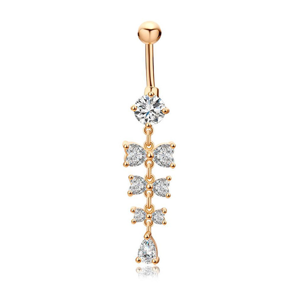 Sweet Navel Rings Shiny Crystal Bowknot Piercing Belly Button Rings For Women Body Piercing 18k Yellow Gold Plated Navel Fashion Jewelry