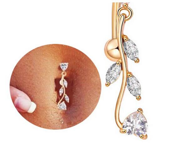 2016 New Dangle Leave Chain Piericing Ring Rhinestone Body Piercing Dangle Crystal Navel Belly Button Bar Barbell Rings