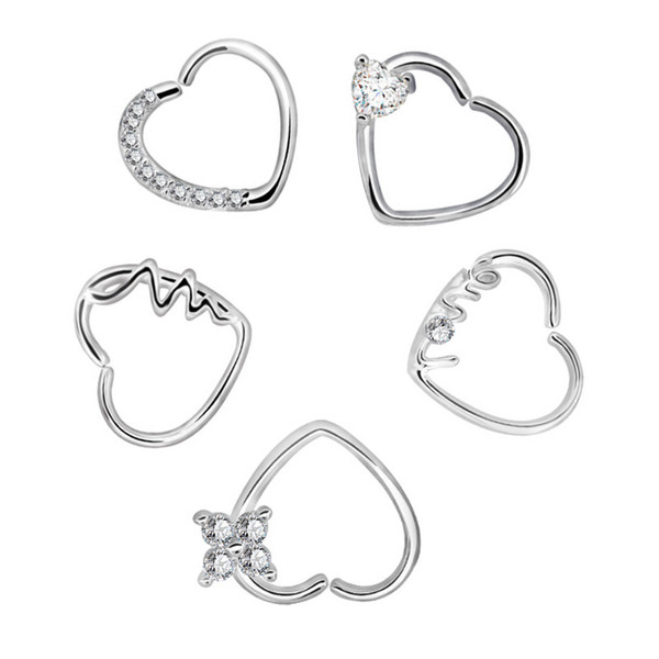 Silver White Crystal Heart Shape Body Piercing Jewelry Nose Rings Ear Studs Lip Eyebrow Piercings Belly Button