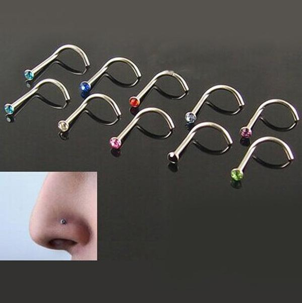 10pcs Mix Colors Rhinestone Nose Studs Screw Ring Bone Bar Body Jewelry G00116 SMAD