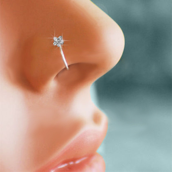 Small Thin Clear Crystals Flower charm Nose Silver Hoop Stud Ring jewelry