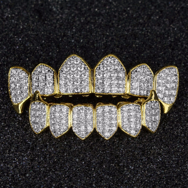 Pure GOLD Color & SILVER Plated HiP Hop Grillz Micro Pave CZ Gold Fang Top & Bottom GRILLZ Mouth Teeth Grills Vampire Set#HOP