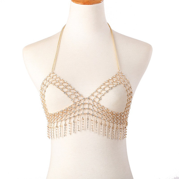 Sexy Crystal Mesh Womens 2018 Gold Necklace Rhinestone Hollow out rhinestone bra body chain club super flash claw chain fashion